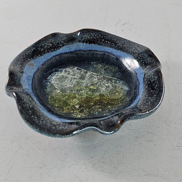 Down To Earth Pottery Trinket Dish Ashtray Crackled Recycled Glass - Picture 3 of 8